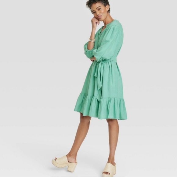 Knox Rose Women’s Teal 3/4 Puffy Sleeve Vneck ruffle dress with tie belt XS - Picture 4 of 11